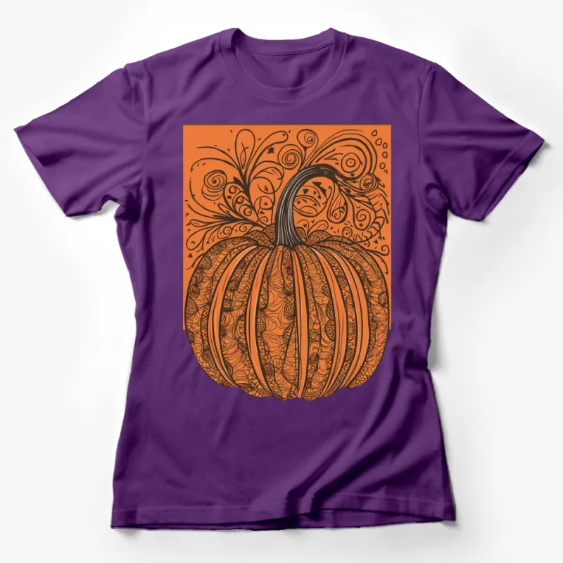 Intricate Pumpkin Design T-Shirt, Autumn Vibes Graphic Tee, Fall Fashion Artistic Top Female T-Shirt