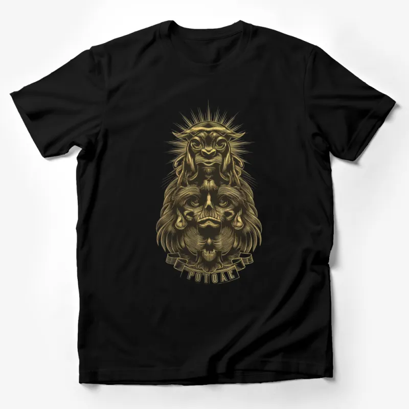 Vintage Mystical Lion and Faces T-Shirt, Golden Gothic Fantasy Art, Unisex Graphic Tee Male T-Shirt