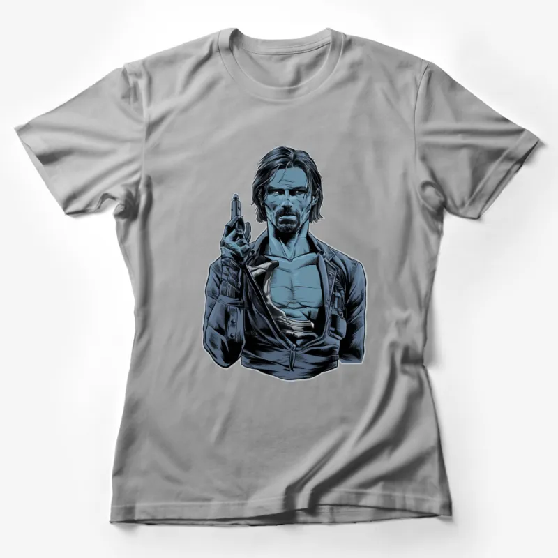 Action Hero Graphic T-Shirt, Cool Blue Cyberpunk Character Tee, Unique Men's Fashion, Casual Streetwear, Gift for Him Female T-Shirt