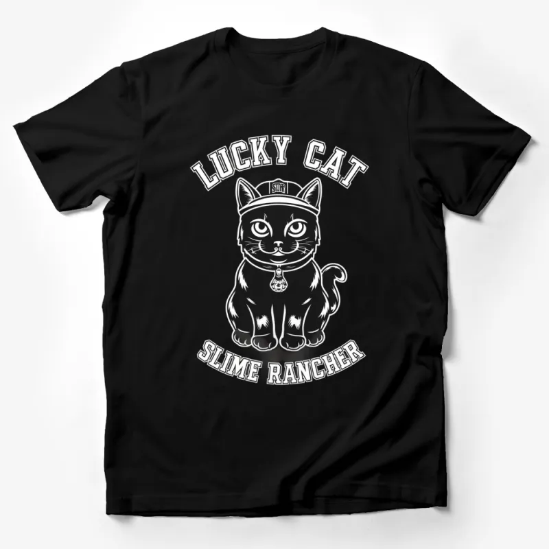 Lucky Cat T-Shirt, Black and White Cat Graphic, Slime Rancher Logo Tee Male T-Shirt