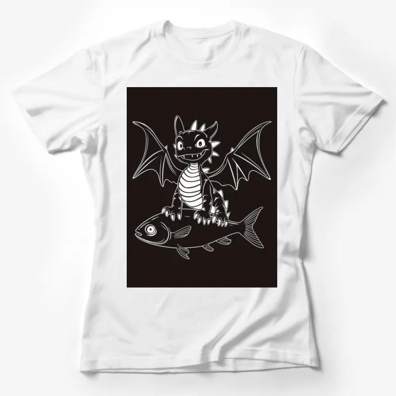 Cute Dragon Riding Fish T-Shirt, Black Graphic Tee, Fantasy Creature Cartoon, Unique Gift Female T-Shirt