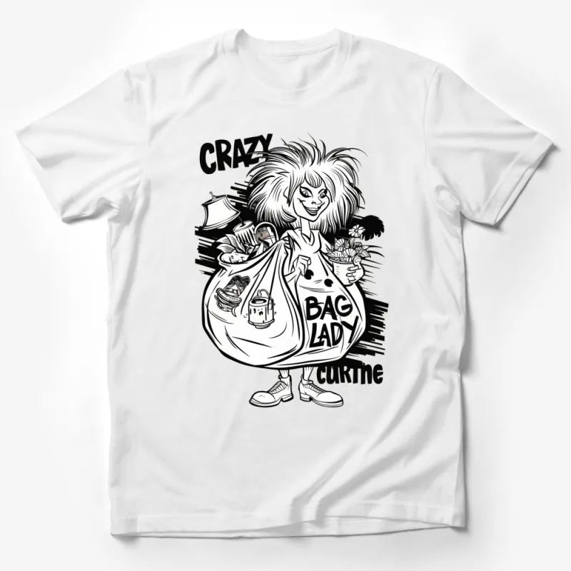 Crazy Bag Lady T-Shirt, Fun Cartoon Character Tee, Black and White Graphic, Urban Style Male T-Shirt