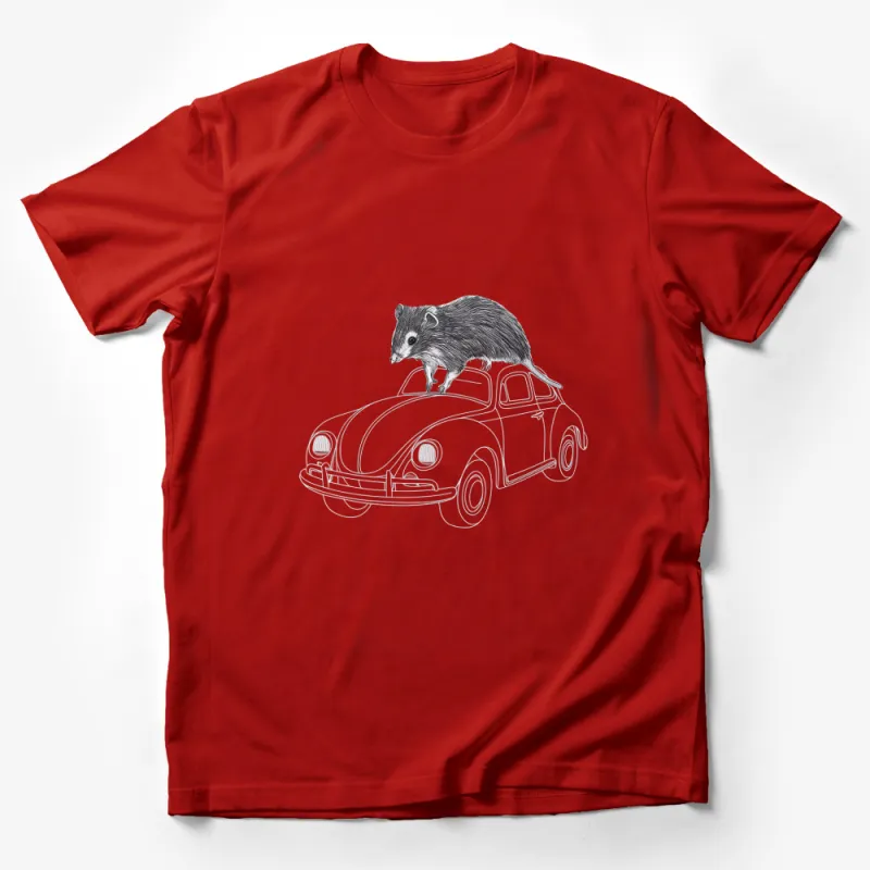 Quirky Possum on Vintage Car T-Shirt, Unique Animal Line Art Tee, Fun Wildlife Graphic Shirt, Gift for Car Enthusiasts Male T-Shirt