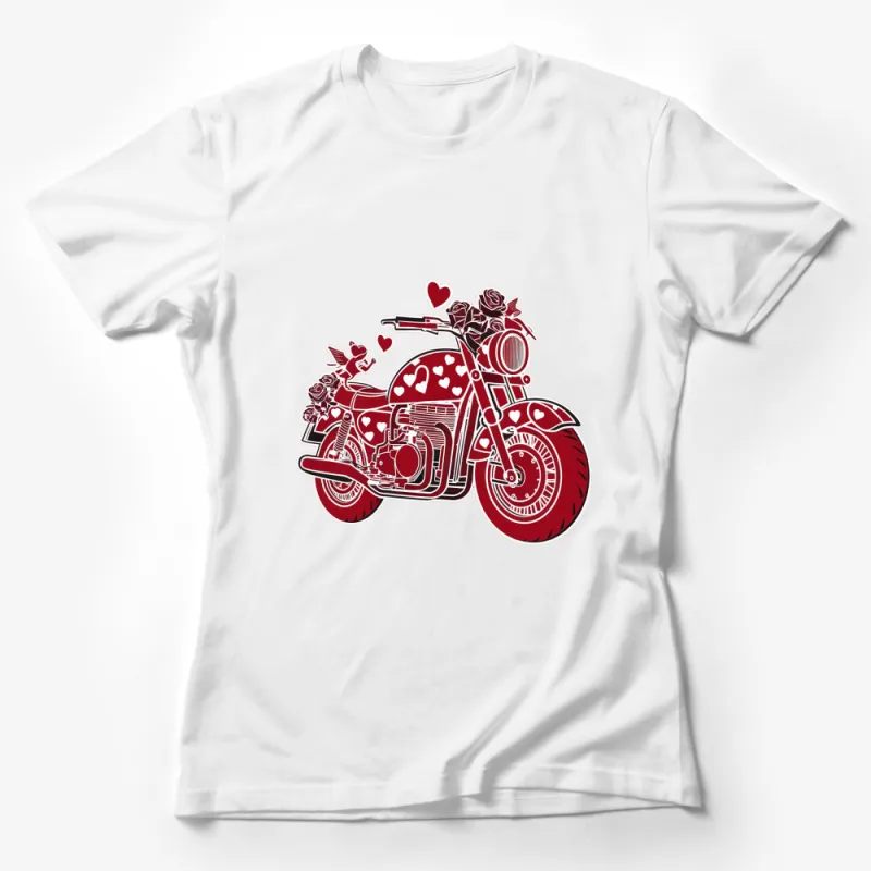 Romantic Motorcycle T-Shirt, Vintage Bike with Hearts and Roses, Unique Love Gift for Bikers Female T-Shirt