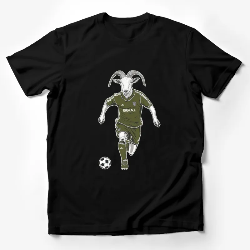 Soccer Playing Goat Graphic T-Shirt, Unique Animal Sports Tee, Unisex Casual Shirt for All Ages Male T-Shirt