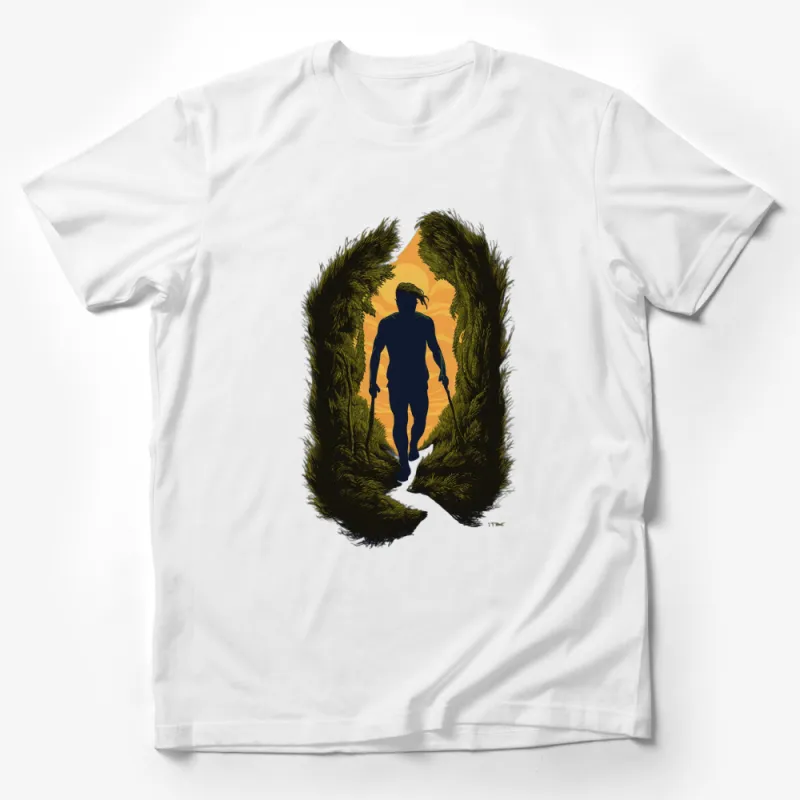 Men's Nature Inspired T-Shirt, Feather Silhouette Walking Man Graphic Tee, Outdoor Adventure Sunset Shirt Male T-Shirt