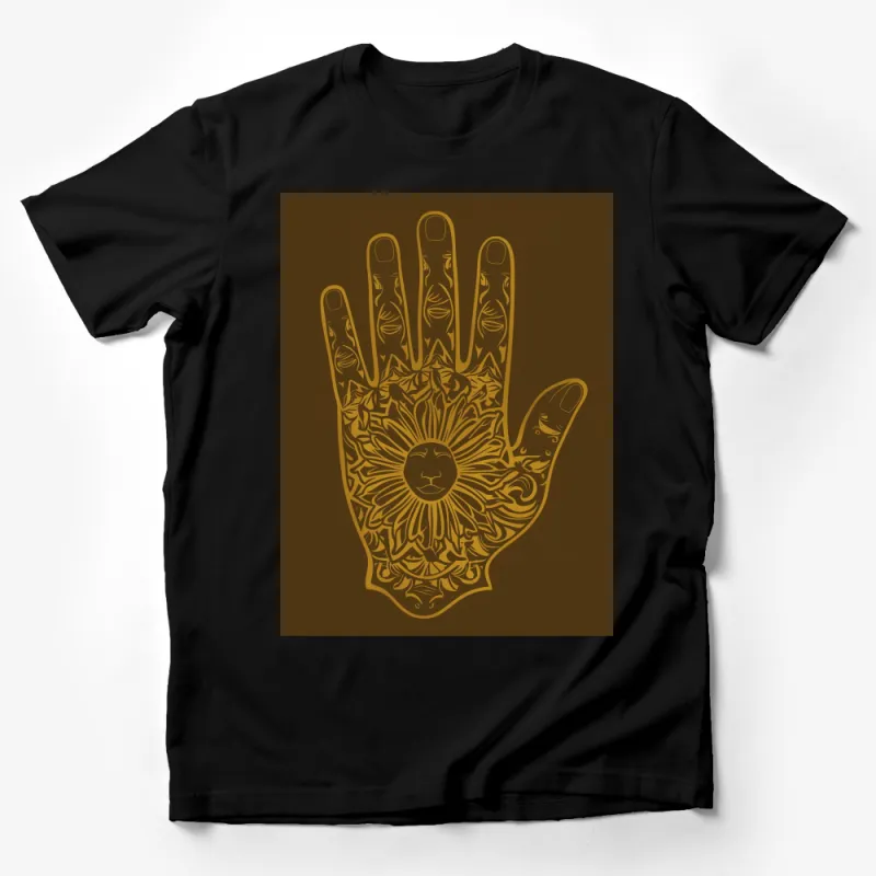 Bohemian Sun Lion Hand Graphic T-Shirt, Unisex Brown Tee, Spiritual Vintage Style, Unique Gift Idea Male T-Shirt