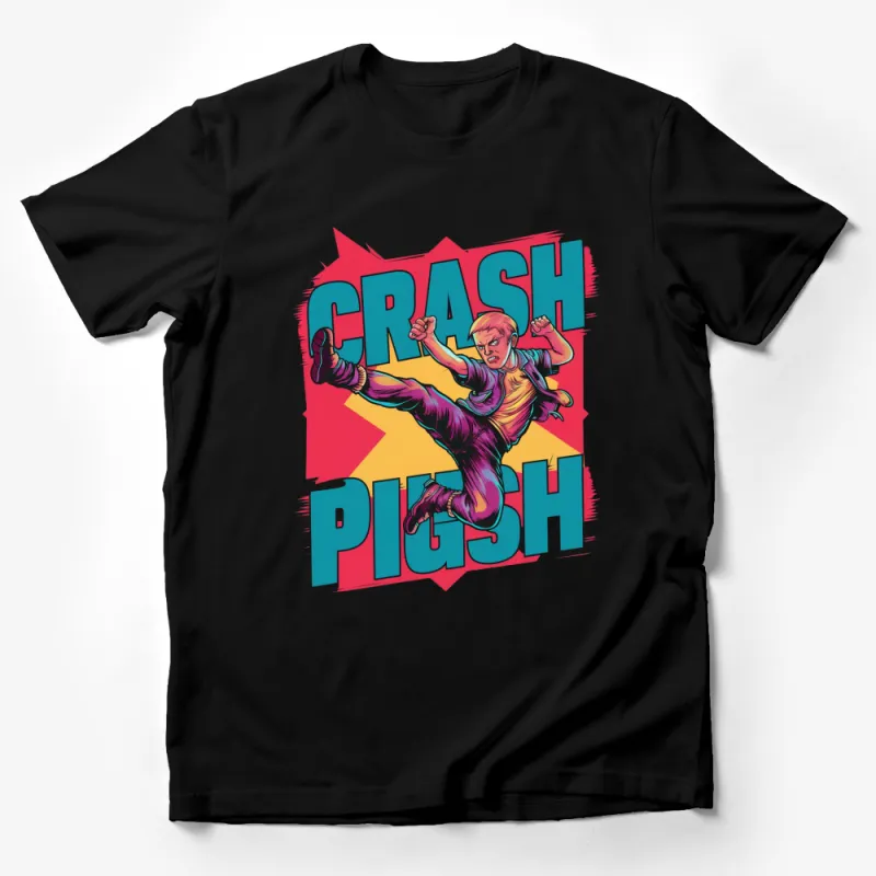 Vibrant Comic Style Crash Plush Action T-Shirt, Colorful Retro Fighter Tee, Unique Graphic Design Shirt Male T-Shirt