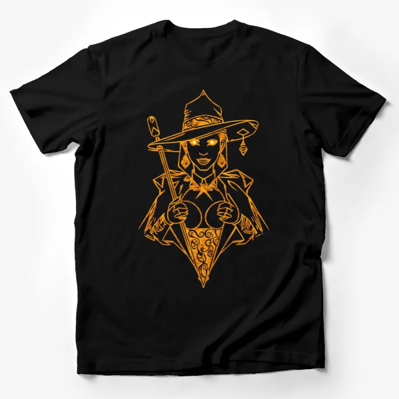 Orange Witch Graphic Tee, Halloween Costume Illustration T-Shirt, Fantasy Witchcraft Design, Womens and Mens Apparel Male T-Shirt