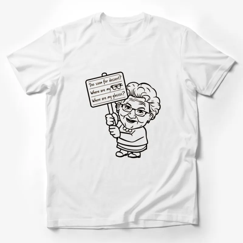 Funny Cartoon Grandma T-Shirt, Cute Senior Woman Asking for Dessert Tee, Humorous Graphic Shirt Male T-Shirt