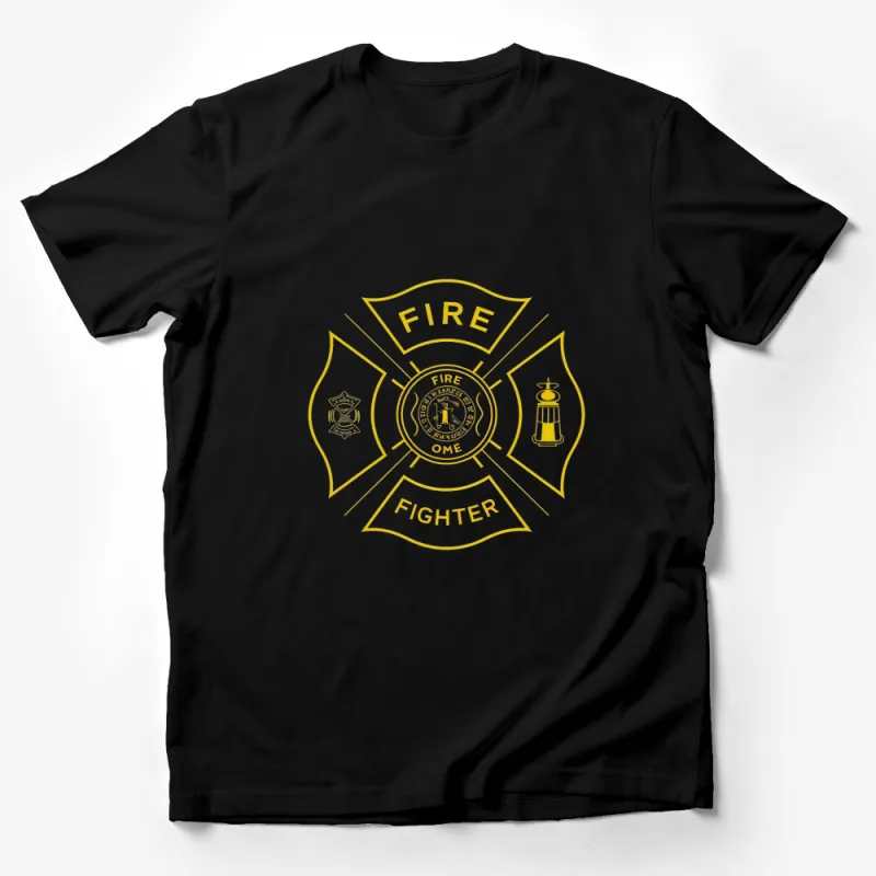 Firefighter Badge Graphic T-Shirt, Gold Emblem Design, Fire Department Tee, Casual Wear Male T-Shirt