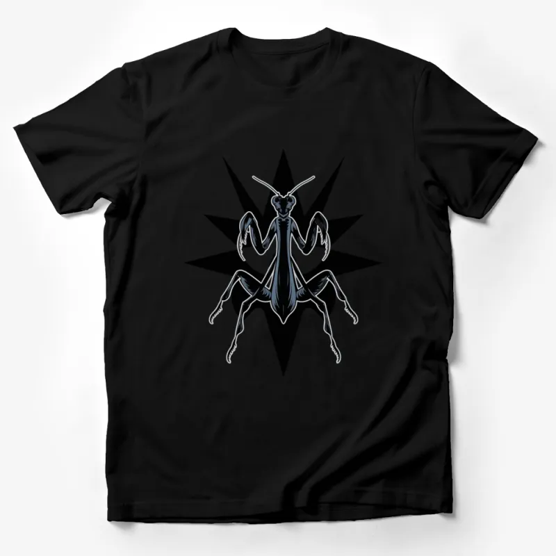 Unique Mantis Design T-Shirt, Bold Black Star Graphic, Unisex Adult Clothing, Cool Insect Art Tee, Gift for Nature Lovers Male T-Shirt