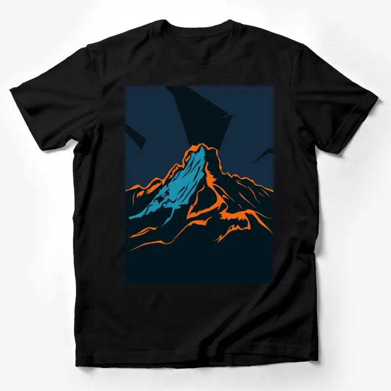 Striking Mountain Graphic T-Shirt, Vibrant Orange and Blue Nature Design, Outdoor Adventure Tee for All Ages Male T-Shirt