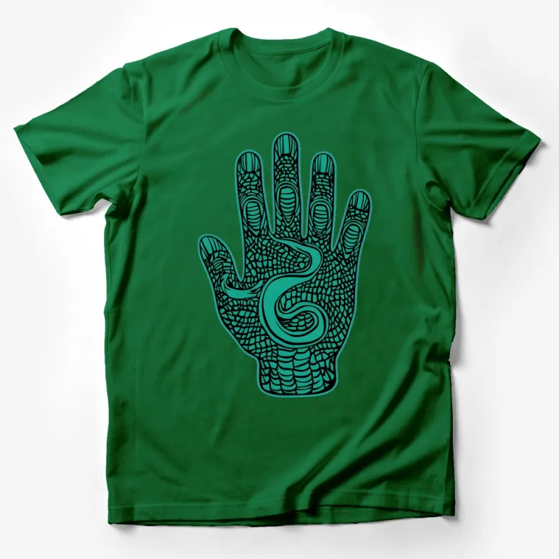 Abstract Snake Design Hand Print Graphic T-Shirt, Unisex Turquoise and Black Tee Male T-Shirt