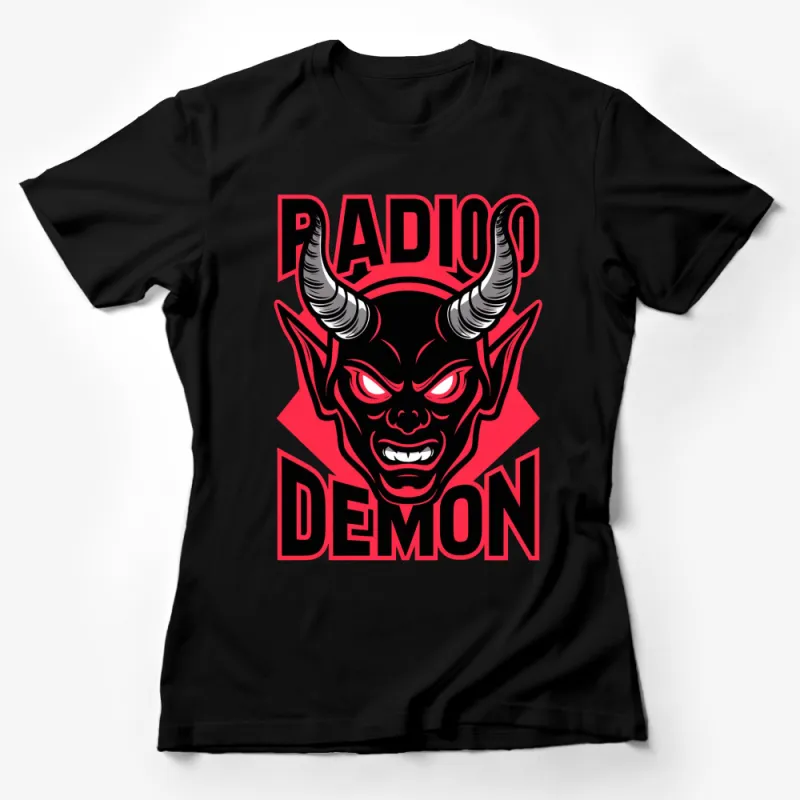 Radio Demon Graphic T-Shirt, Bold Red and Black Design, Spooky Devil with Horns, Unisex Fashion Female T-Shirt