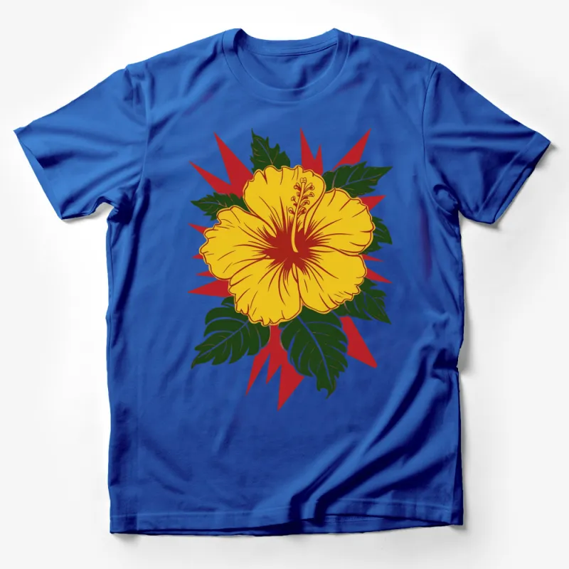 Vibrant Yellow Hibiscus Flower T-Shirt, Tropical Floral Graphic Tee, Bold Red Lightning Design Male T-Shirt