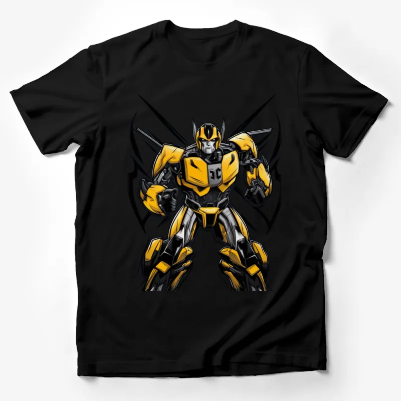 Bold Yellow Robot Graphic T-Shirt, Futuristic Warrior Design, Unisex Tee for Sci-Fi Fans Male T-Shirt