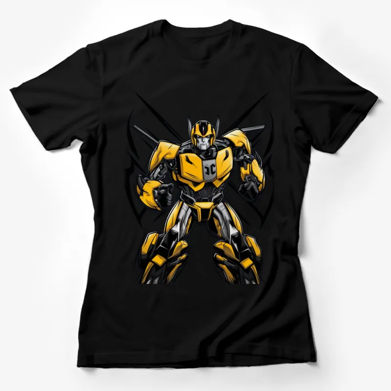 Bold Yellow Robot Graphic T-Shirt, Futuristic Warrior Design, Unisex Tee for Sci-Fi Fans Female T-Shirt