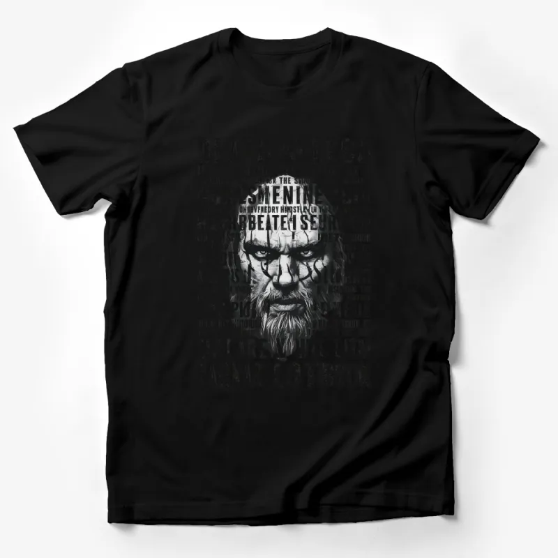 Men's Black Graphic T-Shirt with Text Overlay Viking Design, Long Beard and Intense Eyes Male T-Shirt