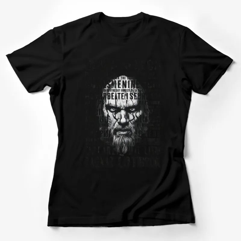 Men's Black Graphic T-Shirt with Text Overlay Viking Design, Long Beard and Intense Eyes Female T-Shirt