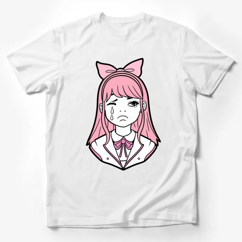 Anime Girl Crying T-Shirt, Pink Bow, Kawaii Manga Style Tee, Emotional Character Apparel, Cute Japanese Animation Shirt Male T-Shirt