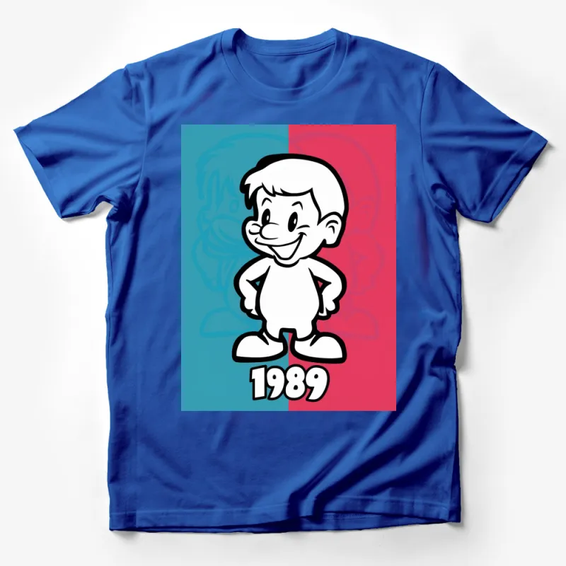 Vintage 1989 Cartoon Character T-Shirt, Retro Style Graphic Tee, Bold Color Split, Unisex Fashion Male T-Shirt