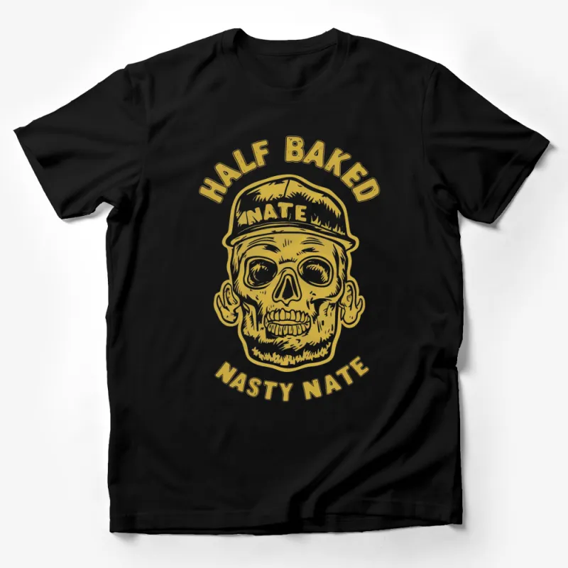 Half Baked Nasty Nate Graphic T-Shirt, Gold Skull Design, Fun Casual Streetwear, Unisex Male T-Shirt