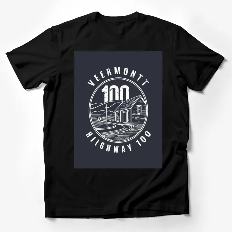 Veermont Highway 100 Road Trip T-Shirt, Rustic Barn, Scenic Route Graphic Tee, Vintage Travel Shirt, Casual Unisex Apparel Male T-Shirt