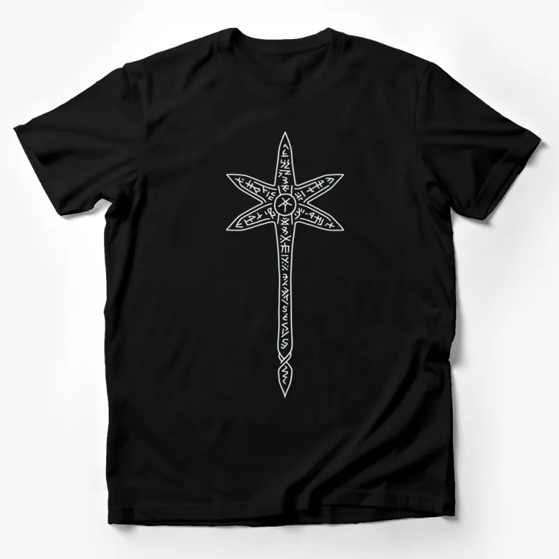 Unisex Gothic Cross T-Shirt, White Print on Black Tee, Casual Streetwear, Stylish Graphic Tee, Unique Design Top, All Sizes Available Male T-Shirt