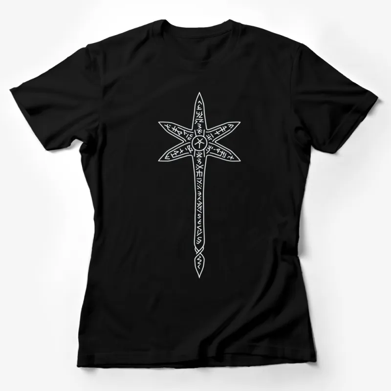 Unisex Gothic Cross T-Shirt, White Print on Black Tee, Casual Streetwear, Stylish Graphic Tee, Unique Design Top, All Sizes Available Female T-Shirt