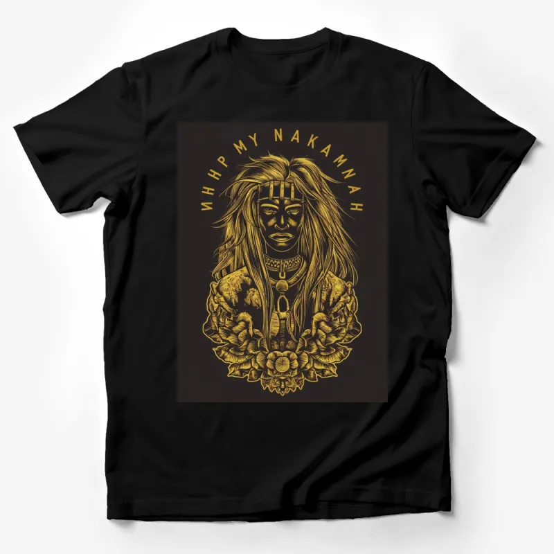 Golden Tribal Warrior Graphic T-Shirt, Bold Female Warrior Design, Black and Gold Tee, Artistic Apparel Male T-Shirt