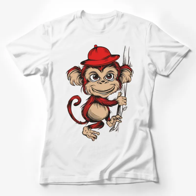 Whimsical Monkey with Red Hat Graphic T-Shirt, Fun Animal Design Tee, Unique Gift for Animal Lovers Female T-Shirt