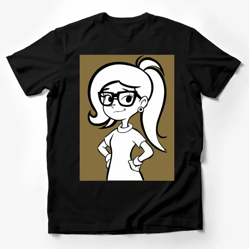 Cartoon Girl T-Shirt, Nerdy Chic Character Design, Black and White Print, Casual Wear for All Male T-Shirt