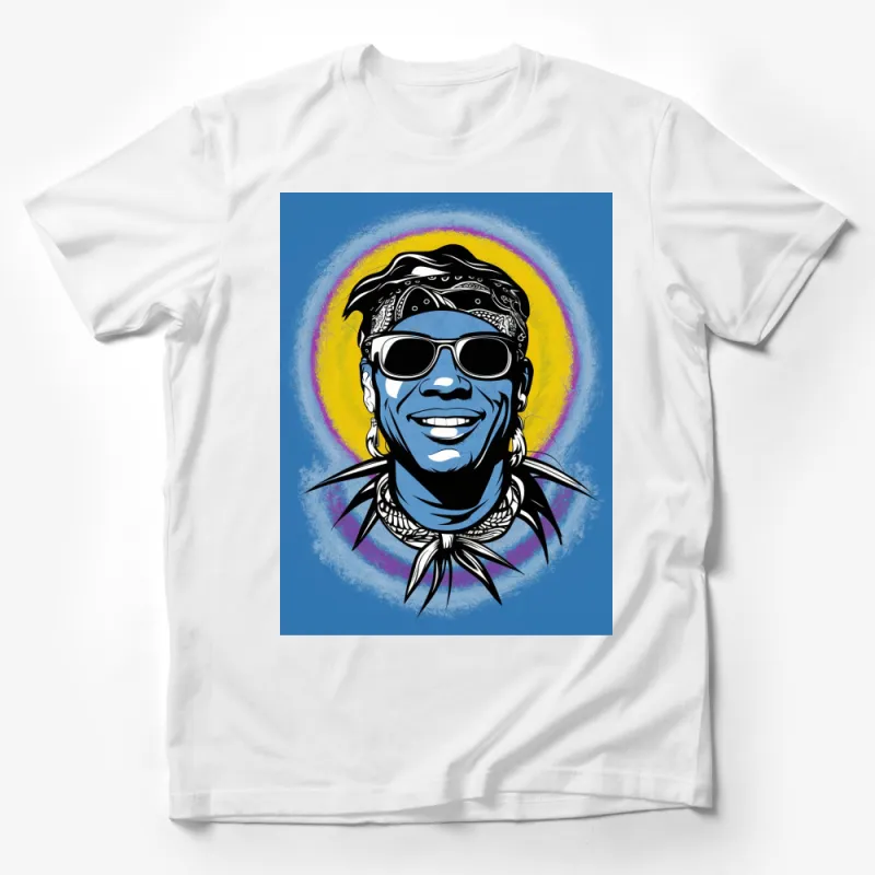 Unique Pop Art Style Blue Face Portrait with Sunglasses Yellow Background T-Shirt Male T-Shirt