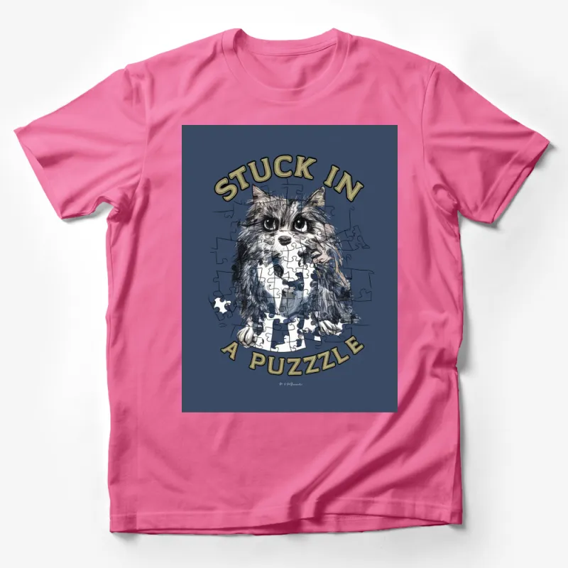 Stuck in a Puzzle Cat T-Shirt, Funny Jigsaw Puzzle Graphic Tee, Unique Cat Lovers Gift Male T-Shirt