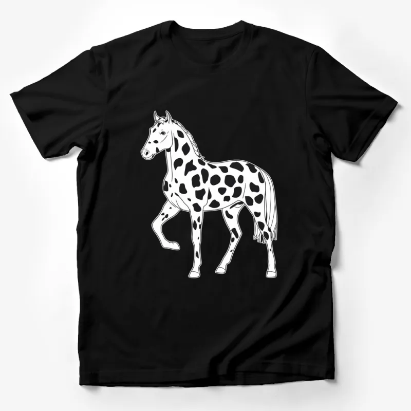 Black T-Shirt with White Horse Graphic, Spotted Horse Print, Animal Lover Tee Male T-Shirt