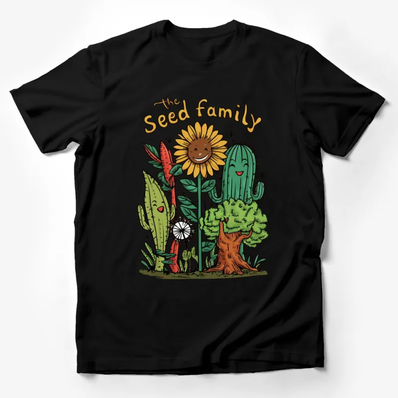 The Seed Family Cartoon Cactus and Sunflower T-Shirt, Cute Plant Graphic Tee, Nature Lovers Gift, Unisex Male T-Shirt