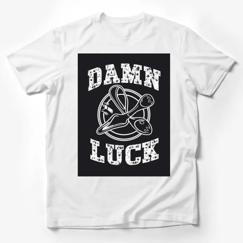 Vintage Damn Luck T-Shirt, Distressed Print Casual Tee, Black and White Graphic Shirt, Urban Street Style Apparel Male T-Shirt