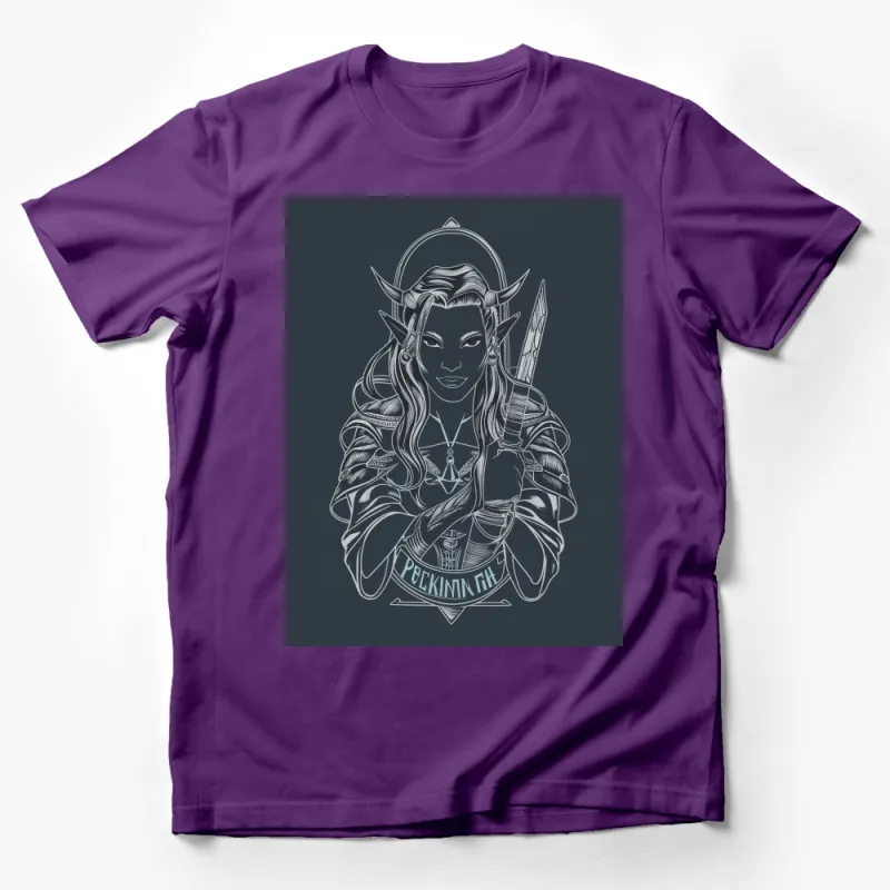 Elven Warrior Fantasy T-Shirt, Cool Elf Archer, Unique Graphic Tee, Unisex Shirt Design, Silver Print, Dark Background Male T-Shirt