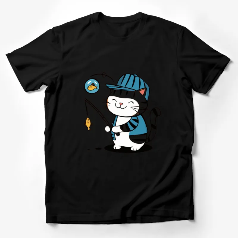 Cute Cat Fishing T-Shirt, Striped Hat and Fish, Fun Cat Lover Gift, Unisex Cat Fishing Graphic Tee, Soft Cotton Shirt Male T-Shirt