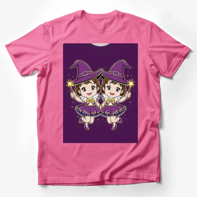 Cute Twin Witches Graphic T-Shirt, Purple Halloween Kids Tee, Magical Twins with Wands Design Male T-Shirt