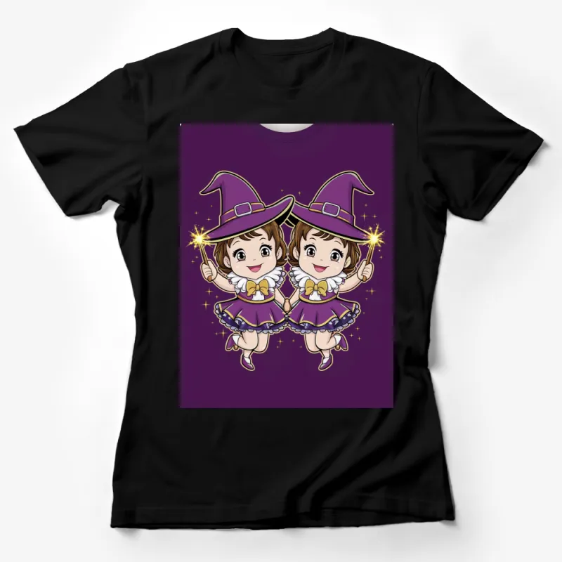 Cute Twin Witches Graphic T-Shirt, Purple Halloween Kids Tee, Magical Twins with Wands Design Female T-Shirt