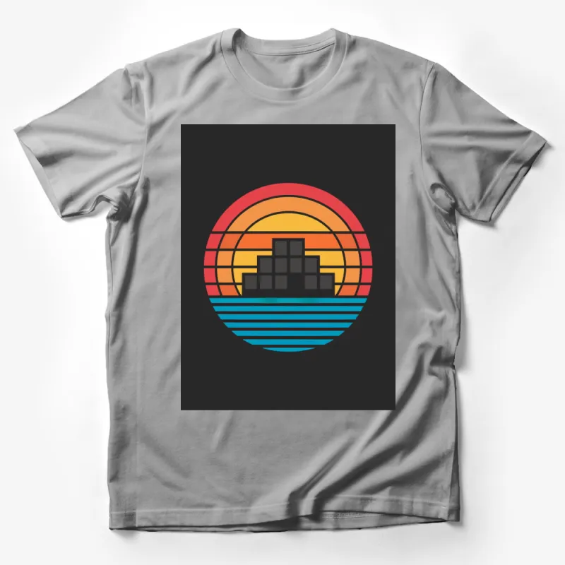 Retro Sunset Cityscape T-Shirt, Vintage Style Urban Skyline Graphic Tee, Unisex Fashion Top Male T-Shirt