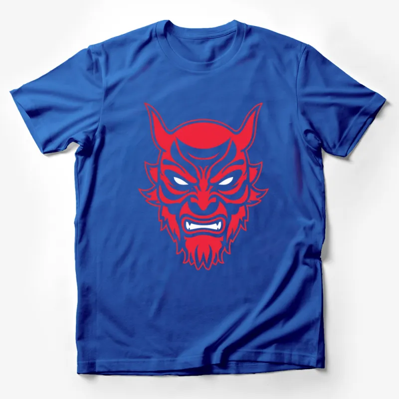 Red Demon Face Graphic T-Shirt, Japanese Oni Mask Design, Casual Streetwear Male T-Shirt