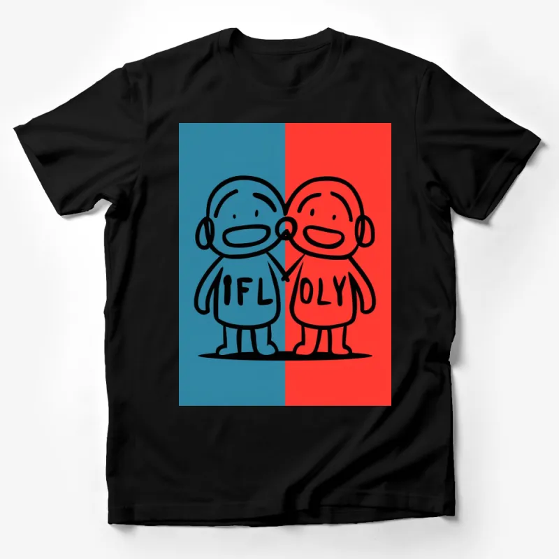 Cute Cartoon Couple T-Shirt, Red and Blue Split Design, IFLY OLY Love Tee, Unisex Casual Wear Male T-Shirt