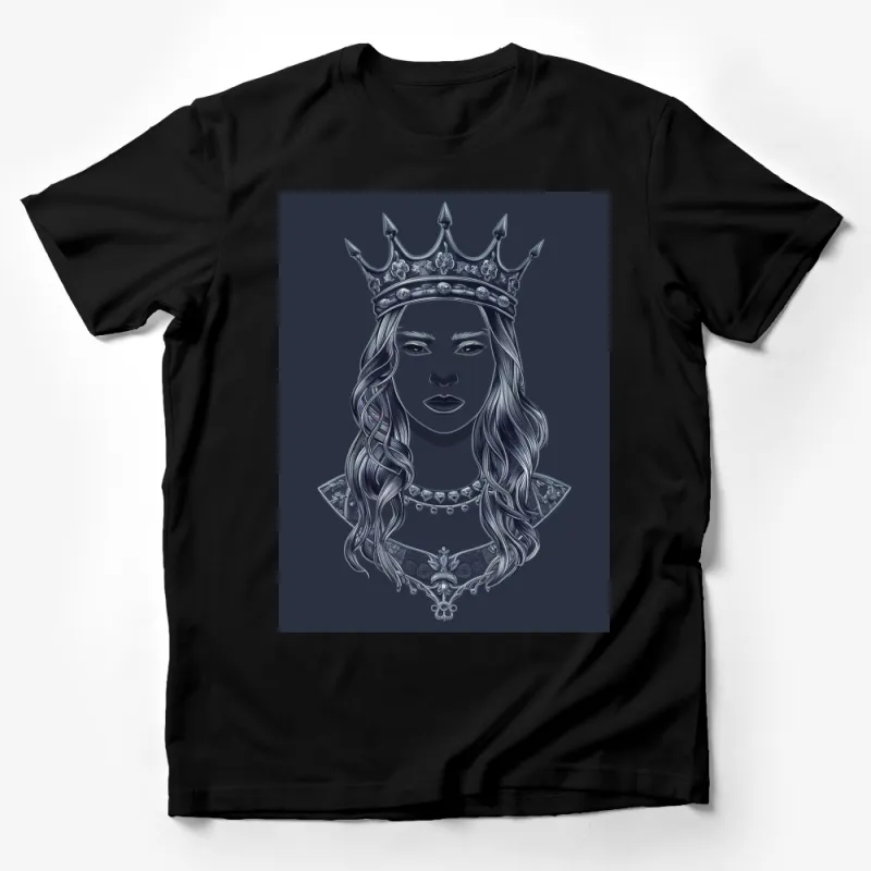 Queen Illustration T-Shirt, Regal Crown and Noble Woman, Majestic Royal Portrait Tee, Gothic Monochrome Style, Unique Gift Male T-Shirt