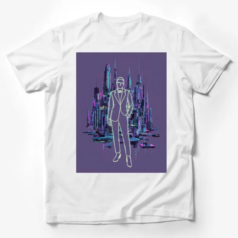 Neon Cityscape T-Shirt, Futuristic Skyline Graphic Tee, Urban Style Fashion, Unique Men's and Women's Apparel Male T-Shirt