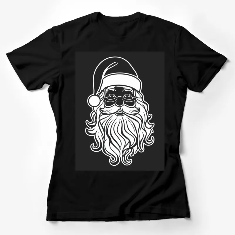 Santa Claus Face T-Shirt, Christmas Holiday Festive Apparel, Black and White Santa Graphic Tee, Unisex Female T-Shirt