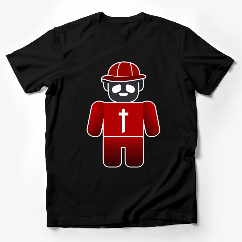 Red Firefighter Toy Character T-Shirt, Cute Fireman Graphic Tee, Unisex Kids and Adults Casual Outfit Male T-Shirt