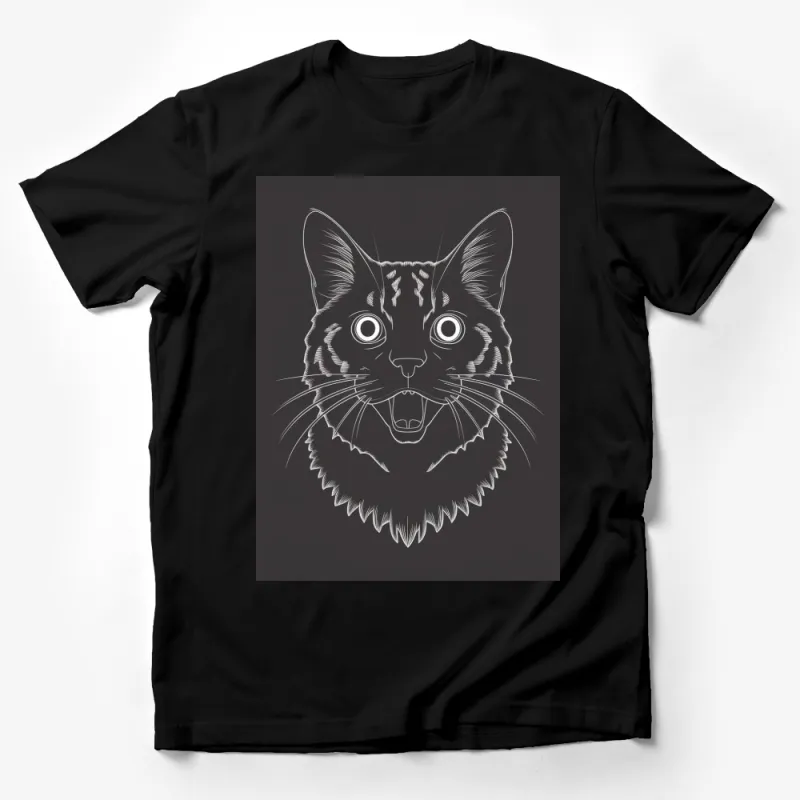 Striking White Line Art Cat Face T-Shirt, Unisex Artistic Cat Drawing Tee, Graphic Feline Lover Gift Male T-Shirt